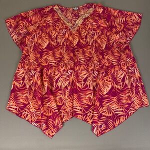 Catherines Blouse Top Women's 4X 30/32W Pink Orange Leaf Print‎ Beaded V Neck